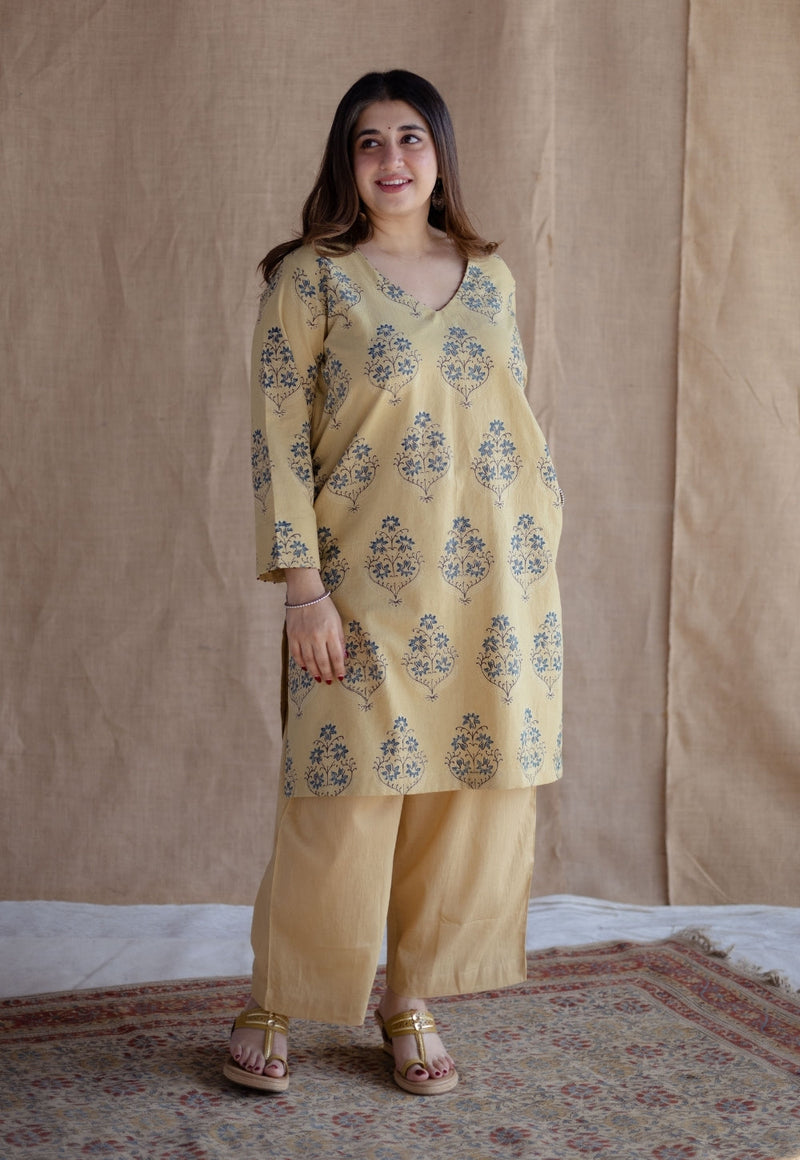 Kavya Yellow Ajrakh Cotton Straight Kurta with Hand Embroidery