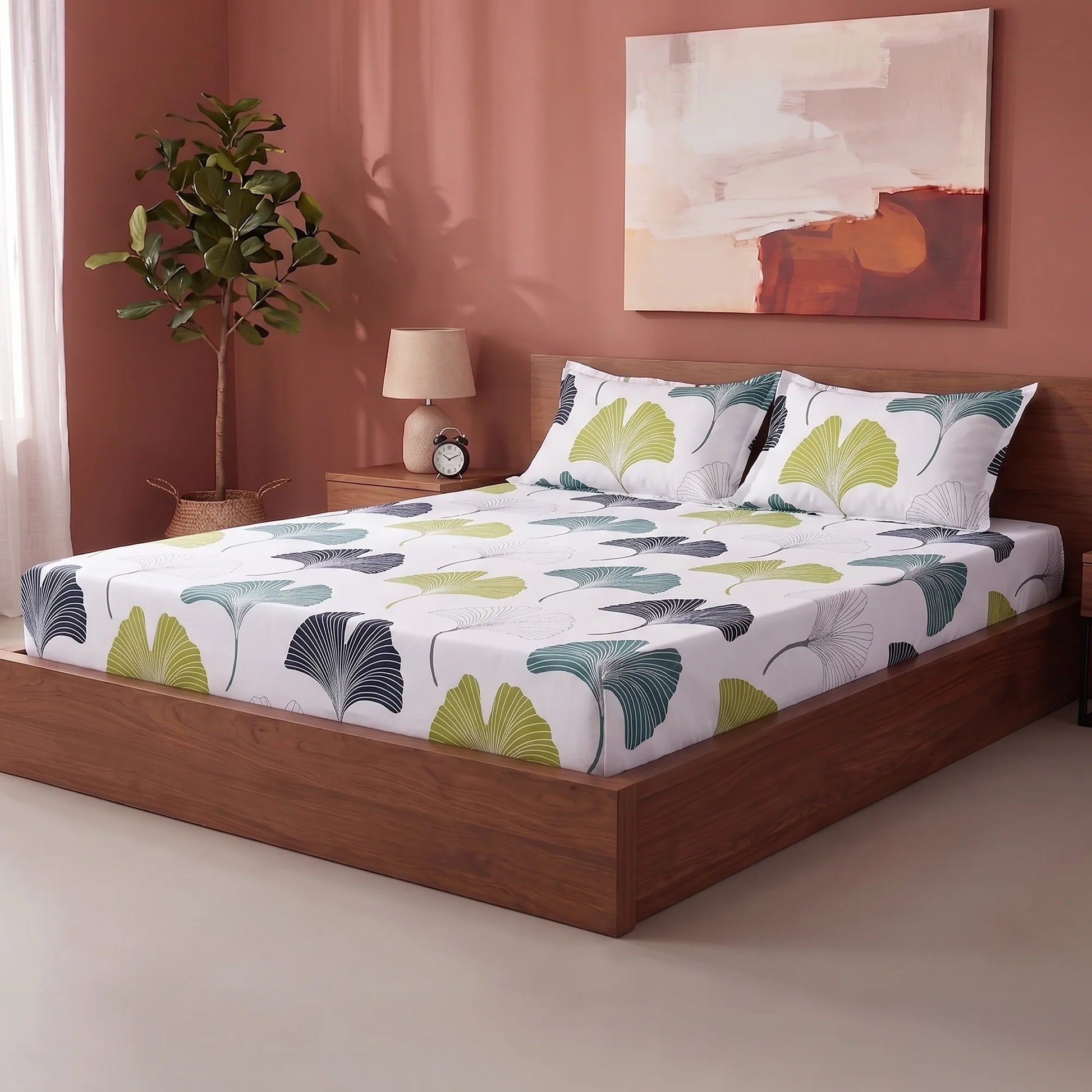 Imprimer Ginkyo - Floral Printed Fitted Bedsheet (Blue & Green)-6