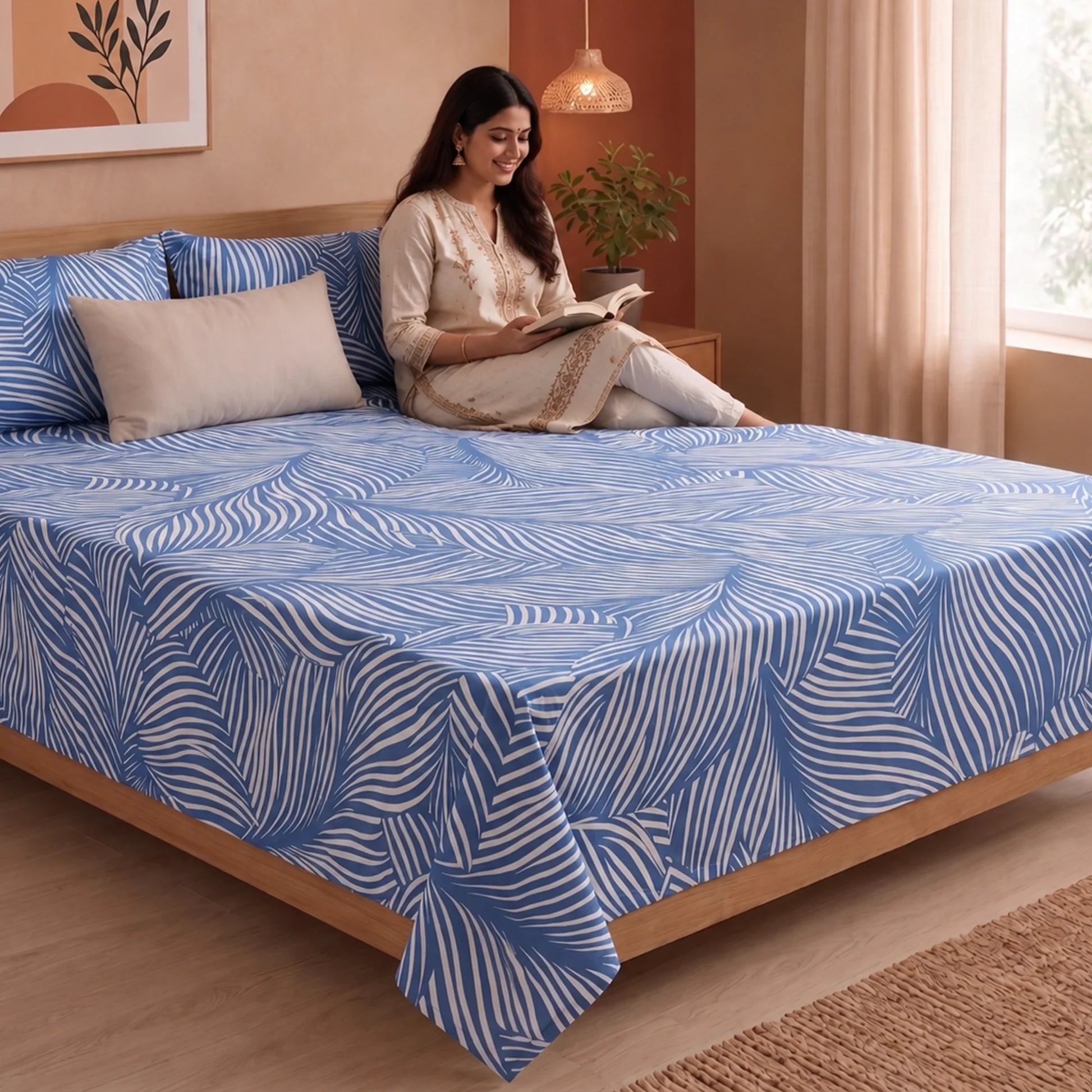 Blue Feather - Bedsheet (Blue & White)-6