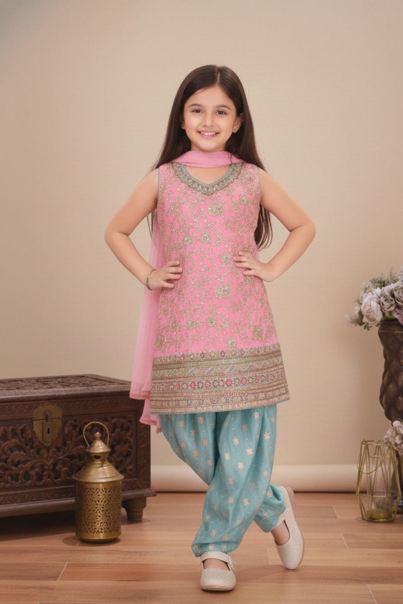 Pink Sleeveless Kurti with Foil-Print Teal Patiala And Dupatta For Girls