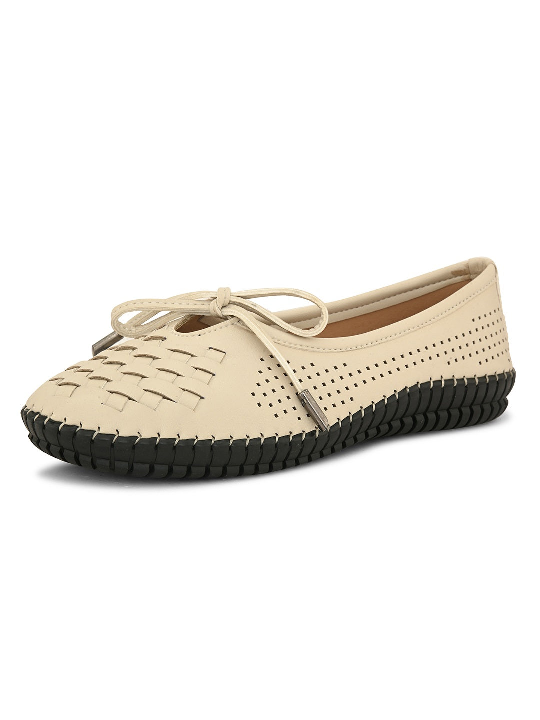 A beige women's flat with a perforated woven upper, round toe, metallic-tipped bow, and flexible black rubber outsole for comfort and casual wear.