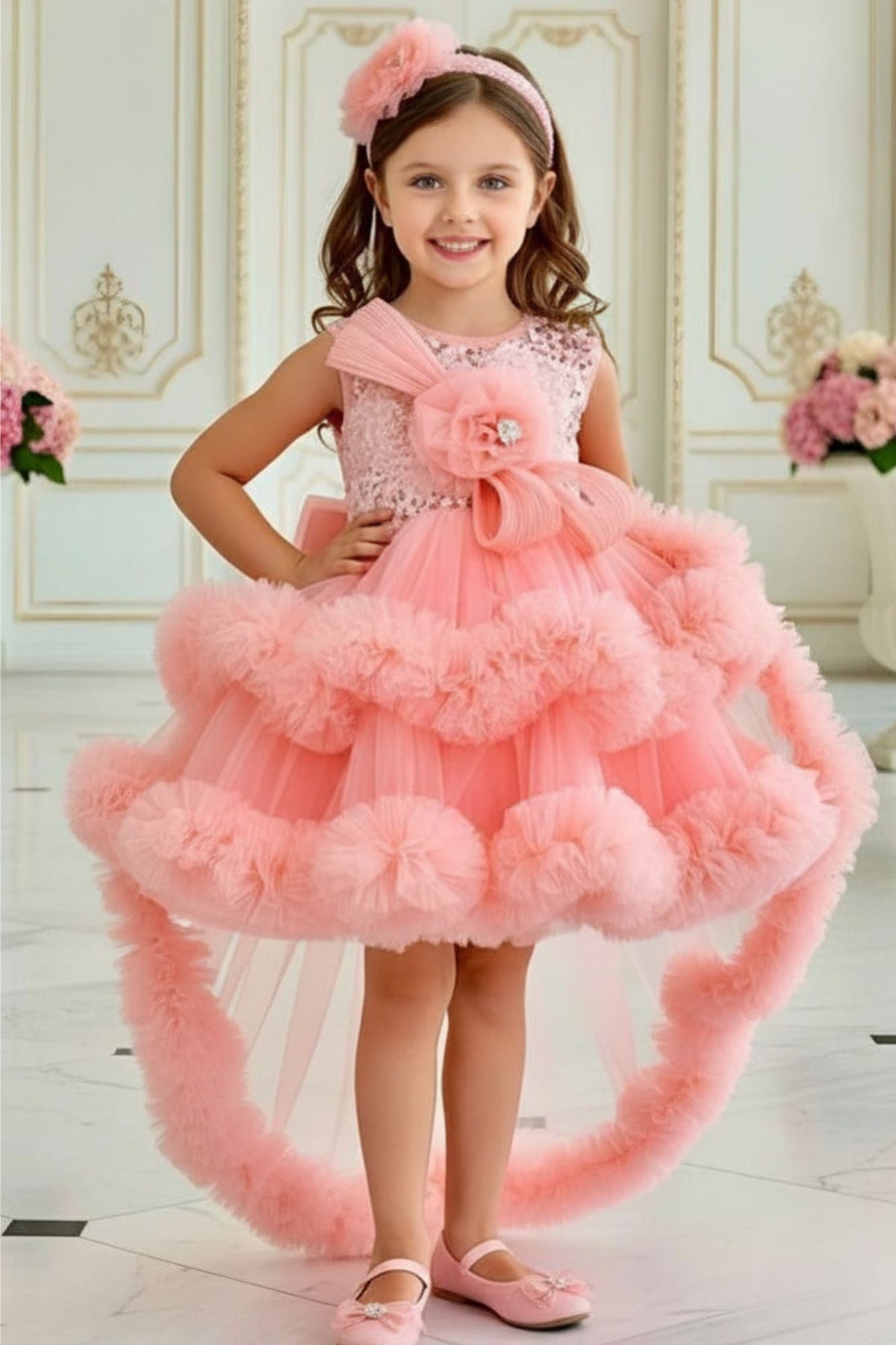 Girls Peach Sequin Embellished Party Frock with Tulle Layers and Floral Detail