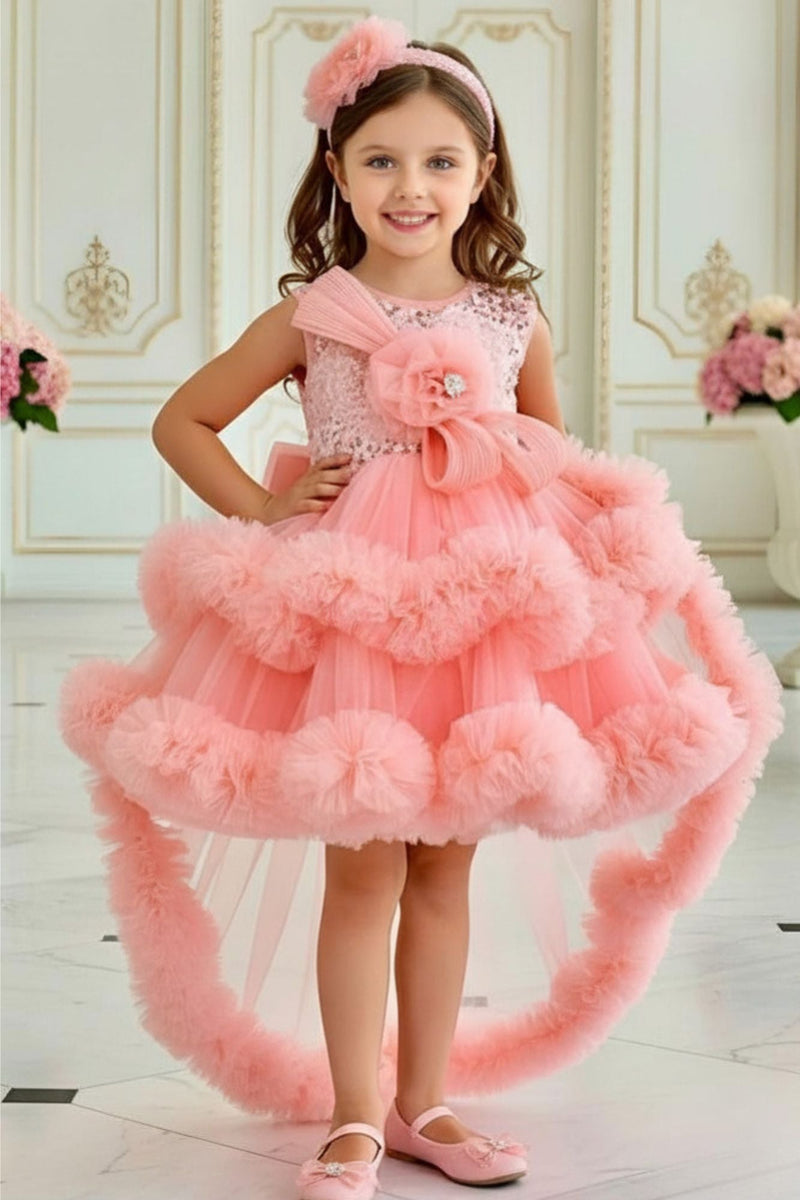 Girls Peach Sequin Embellished Party Frock with Tulle Layers and Floral Detail