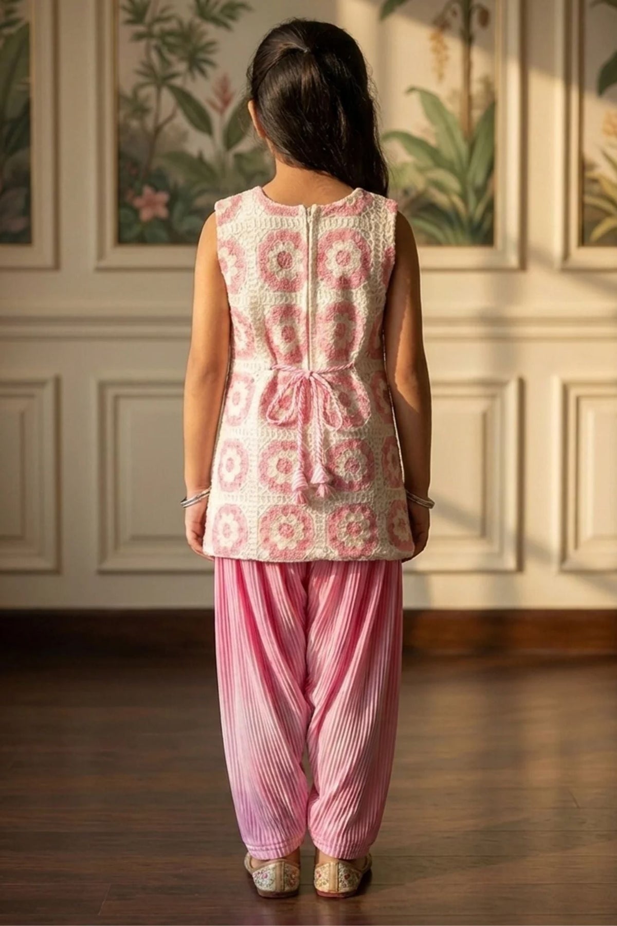 Pink And White Embroidered Patiala Set with Dupatta For Girls