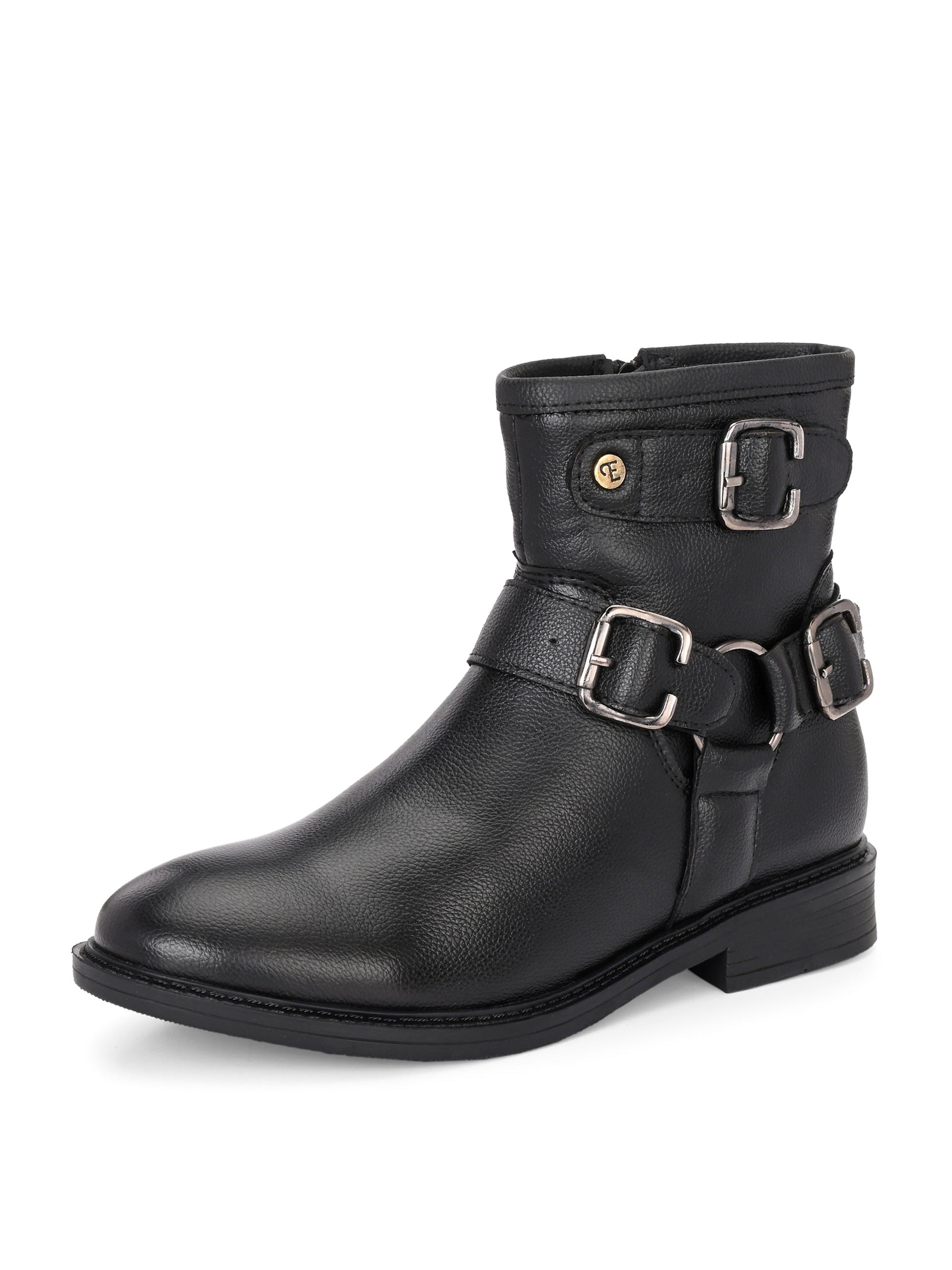 Black boots with silver buckle accents and a low heel, perfect for casual or semi-formal wear.