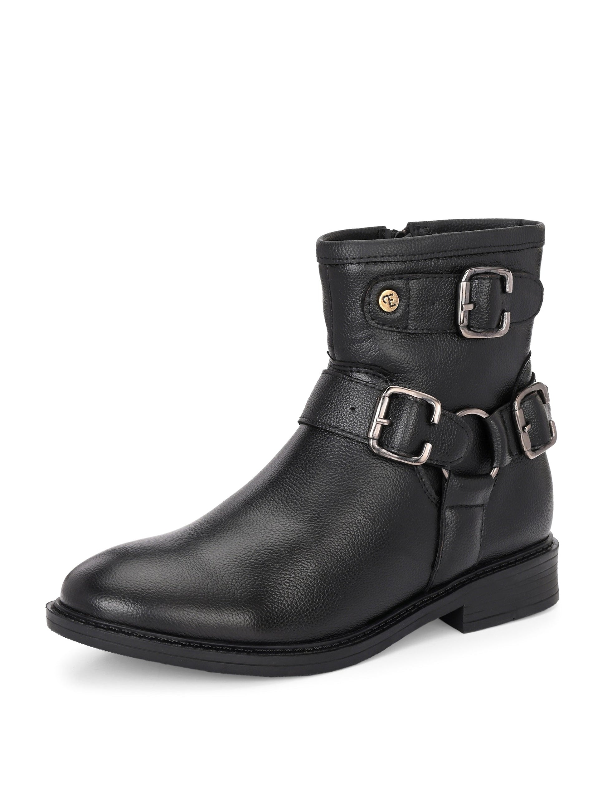 Black boots with silver buckle accents and a low heel, perfect for casual or semi-formal wear.