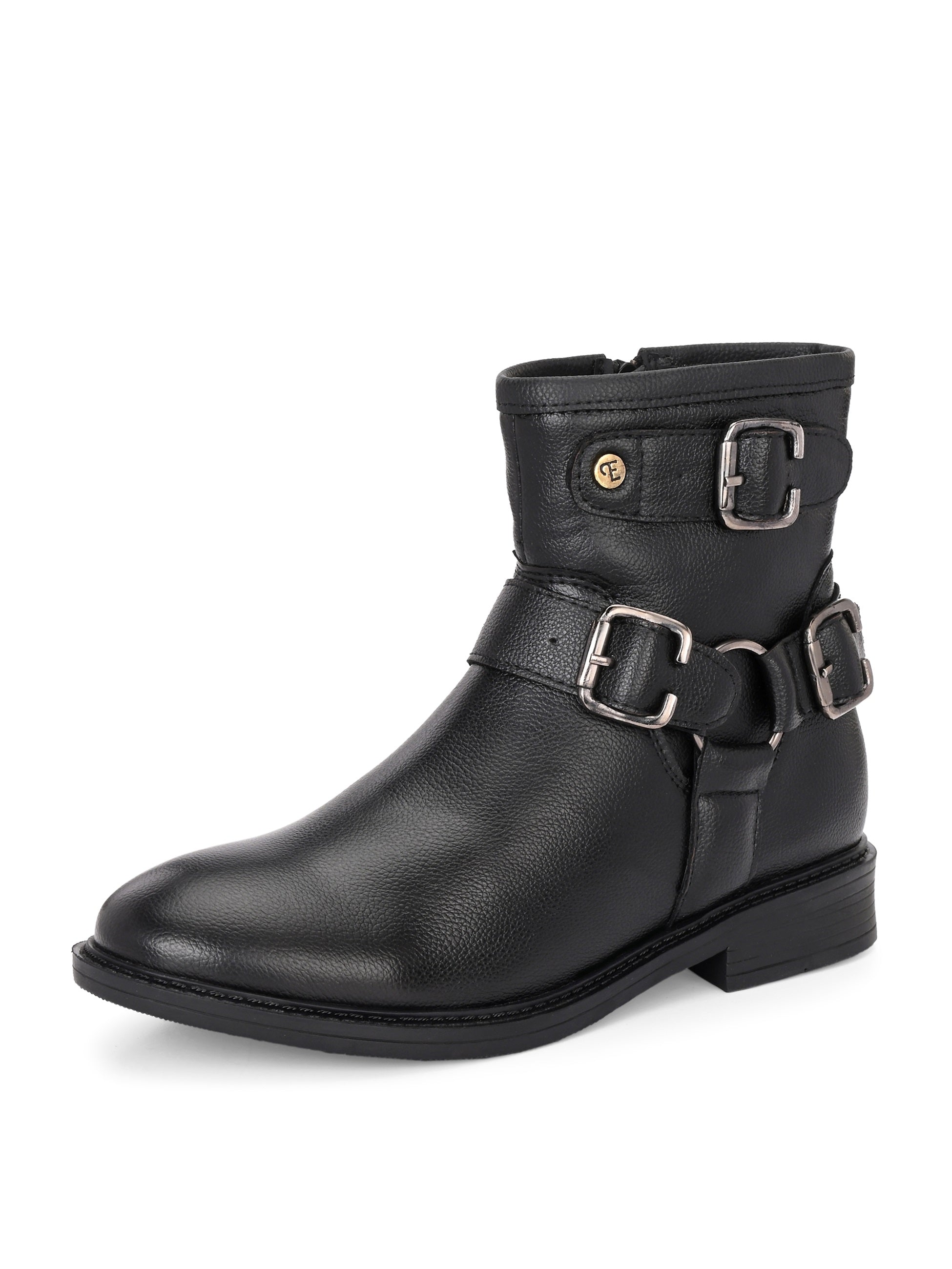 Black boots with silver buckle accents and a low heel, perfect for casual or semi-formal wear.