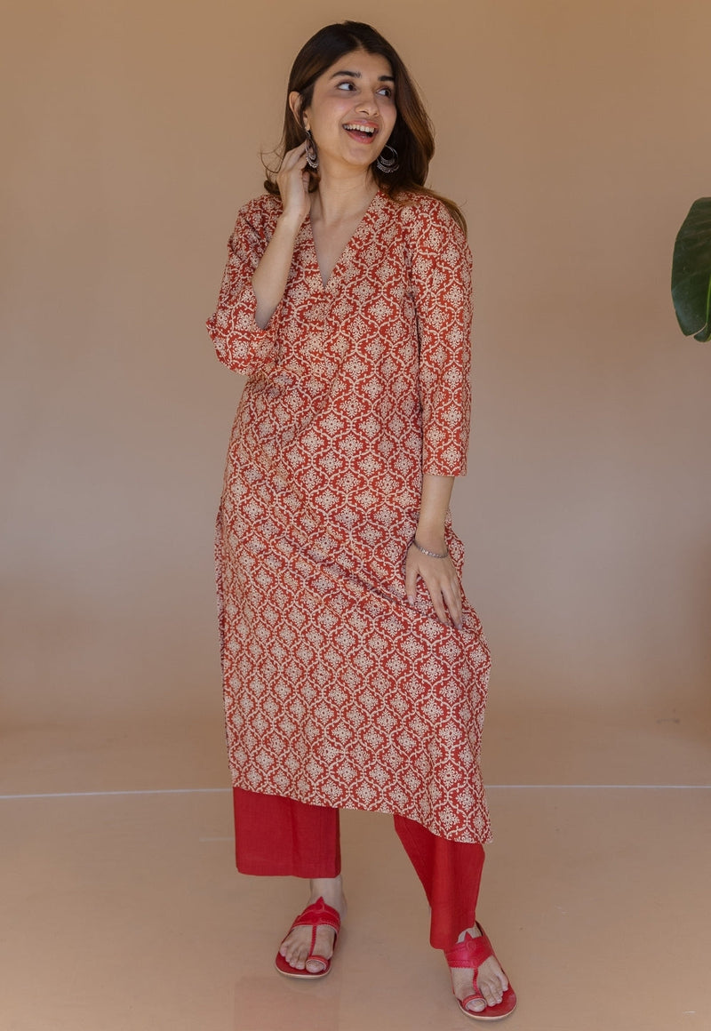 Avika Red Bagru Cotton Straight Kurta