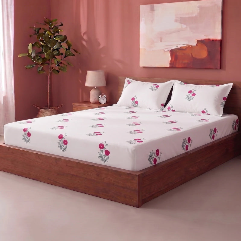 Imprimer Vignette - Floral Printed Fitted Bedsheet (Red)-6