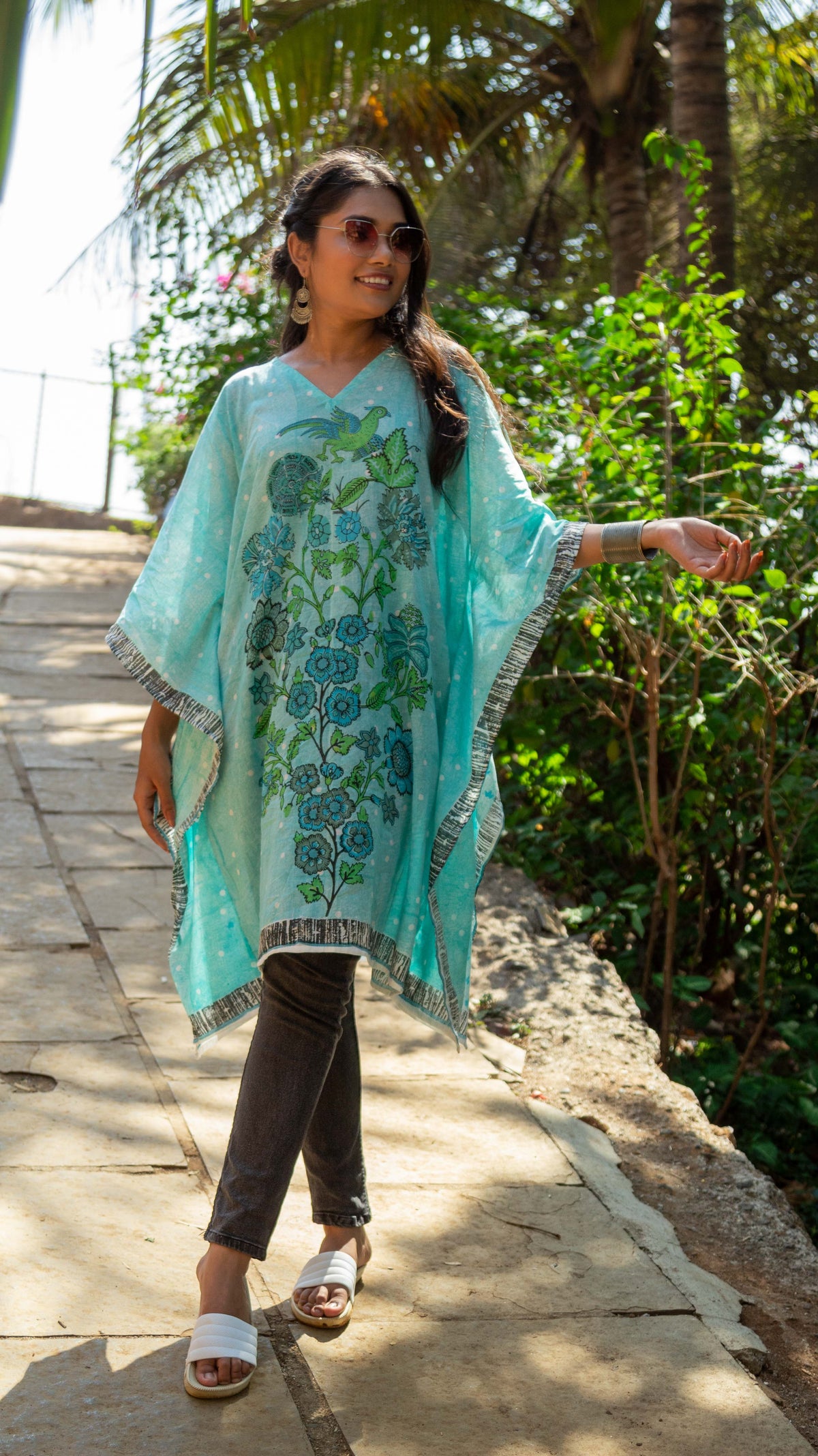 Hand Block Printed and Hand Painted Cotton Mul Kaftan · Teal Tree Of Life-6