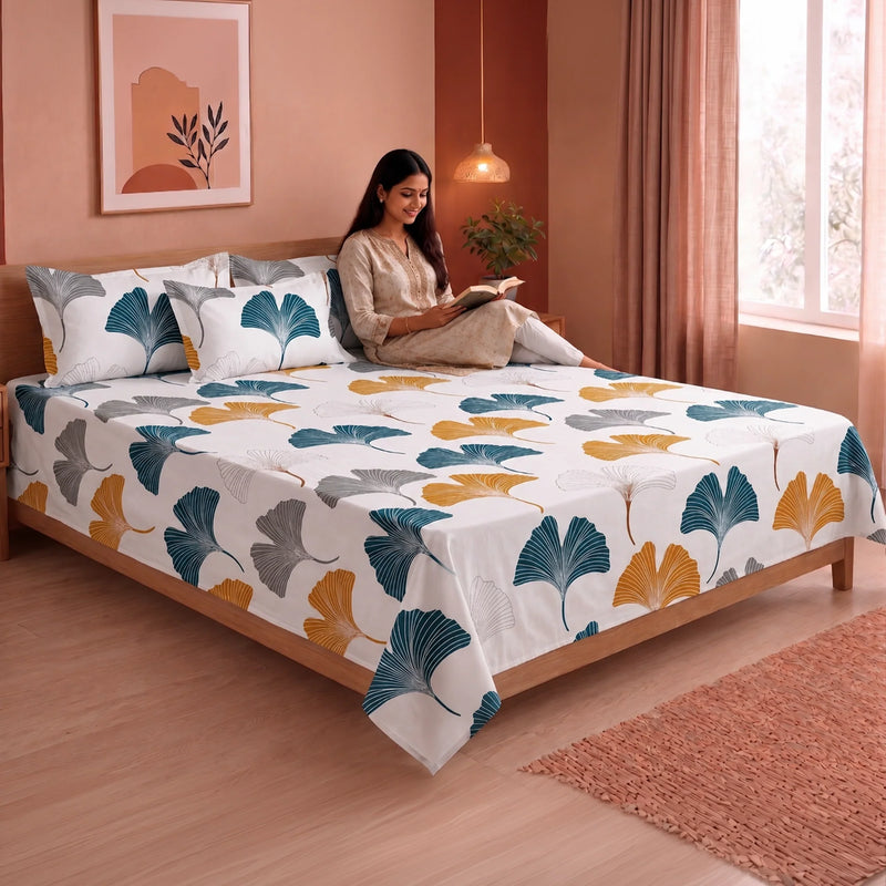 Imprimer Ginkyo - Floral Printed Bedsheet (Mustard & Grey)-6