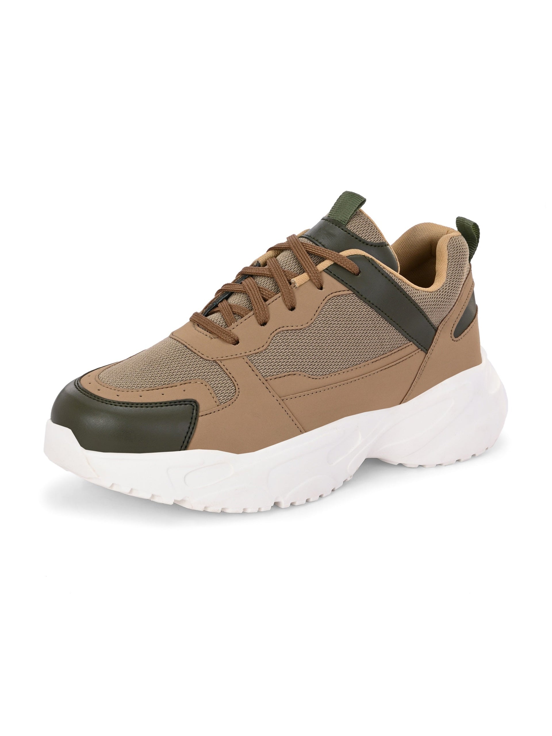 A Sneaker in Beige color with green texture and brown lace-up  