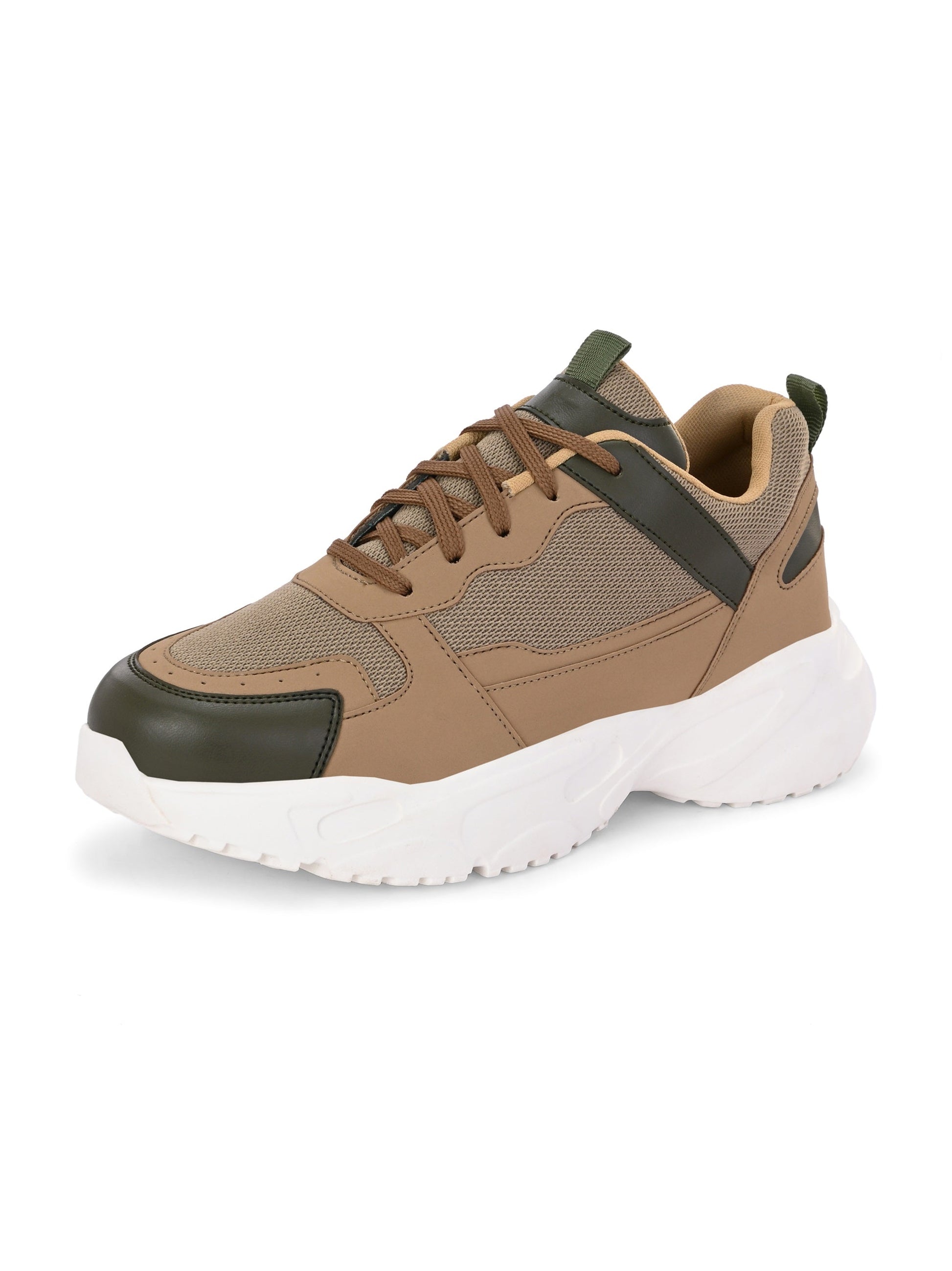 A Sneaker in Beige color with green texture and brown lace-up  