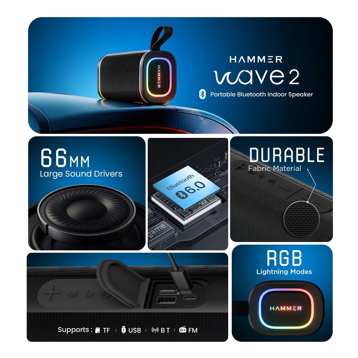 Hammer Wave 2 Bluetooth Speaker 20W RMS with Deep Bass, RGB Lights, Dual Pairing (Black)-7