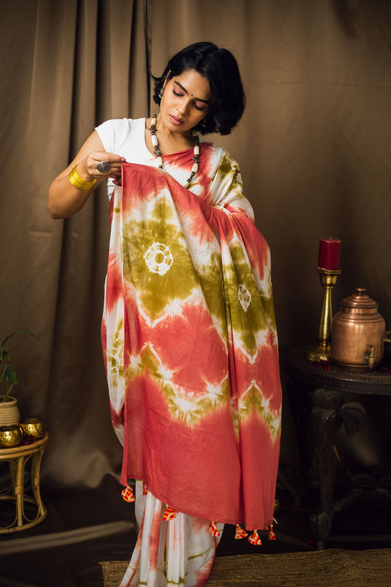 Cotton Mul Tie Dye Saree Green Earth-6
