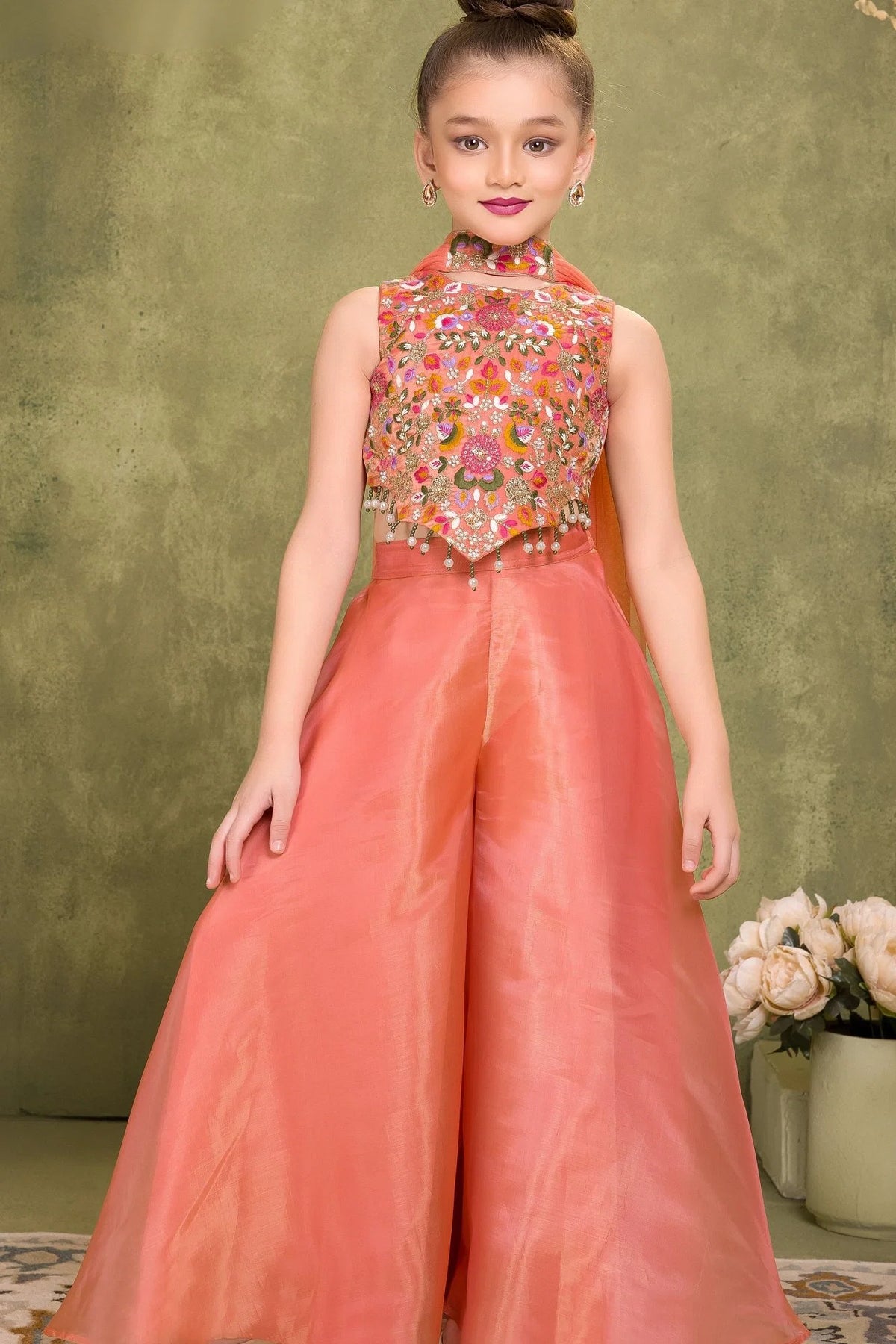 Orange Sequins Work With Thread Embroidery For Palazzo Set For Girls