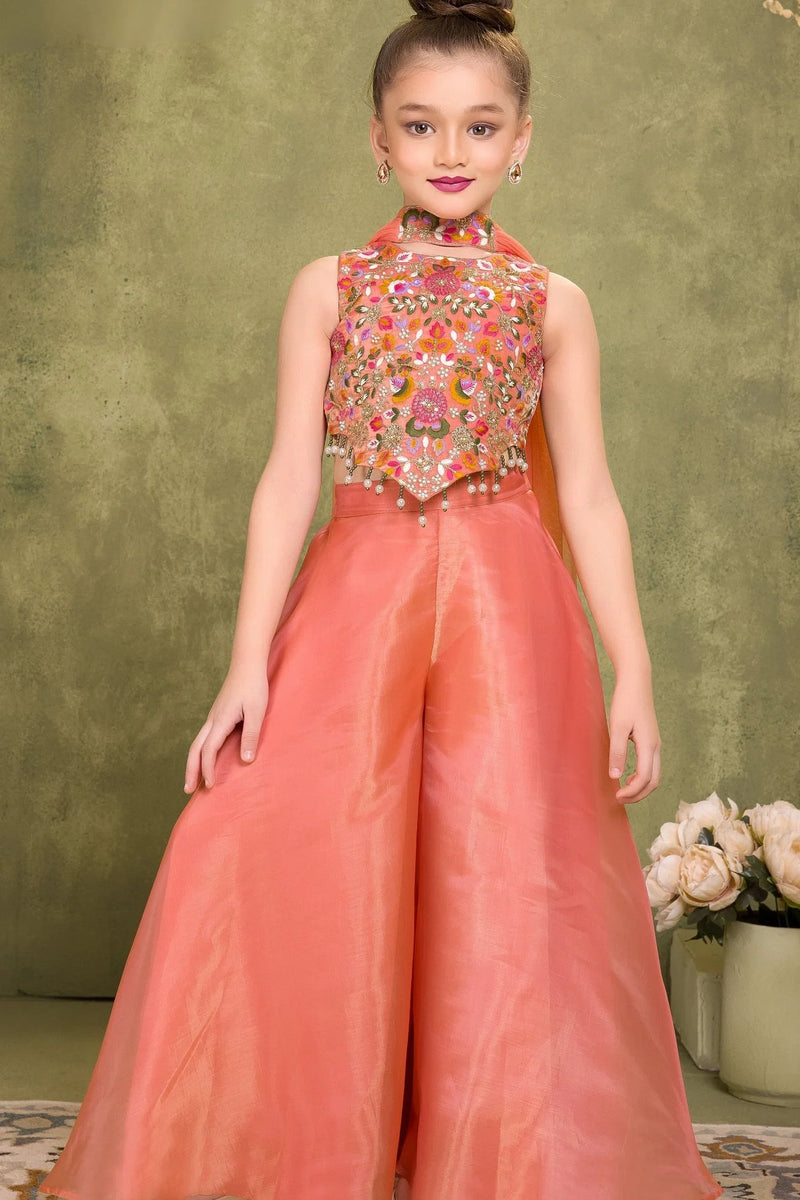Orange Sequins Work With Thread Embroidery For Palazzo Set For Girls