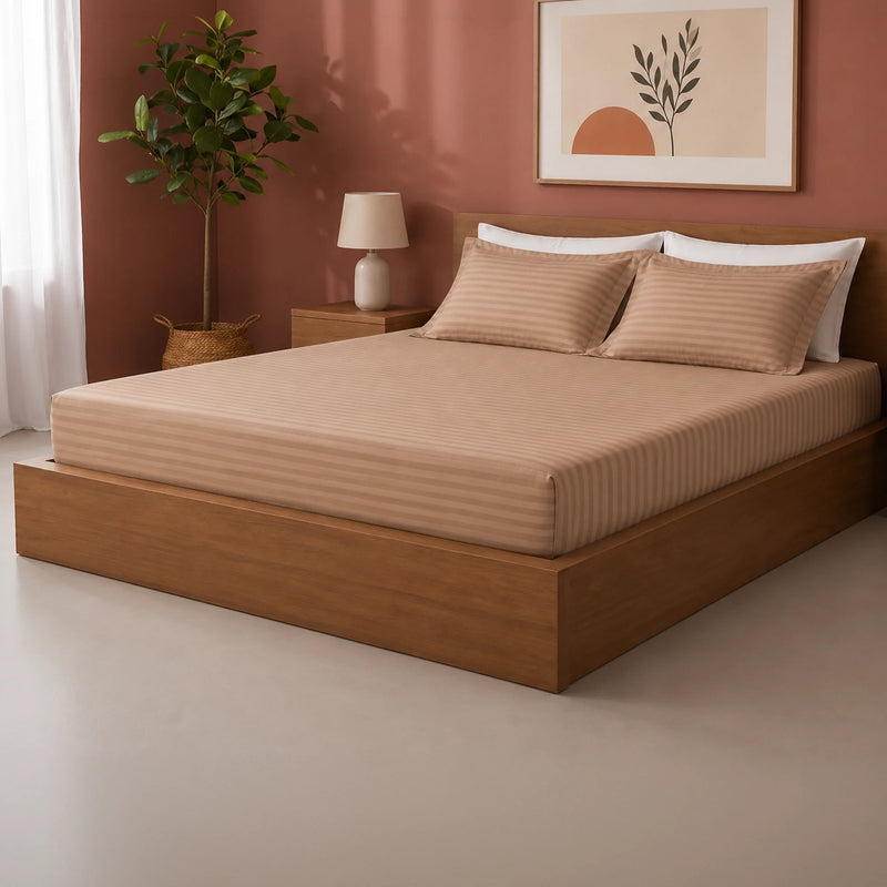 Breton Drift - Satin Stripe Fitted Bedsheet with Pillow Covers (Taupe)-6