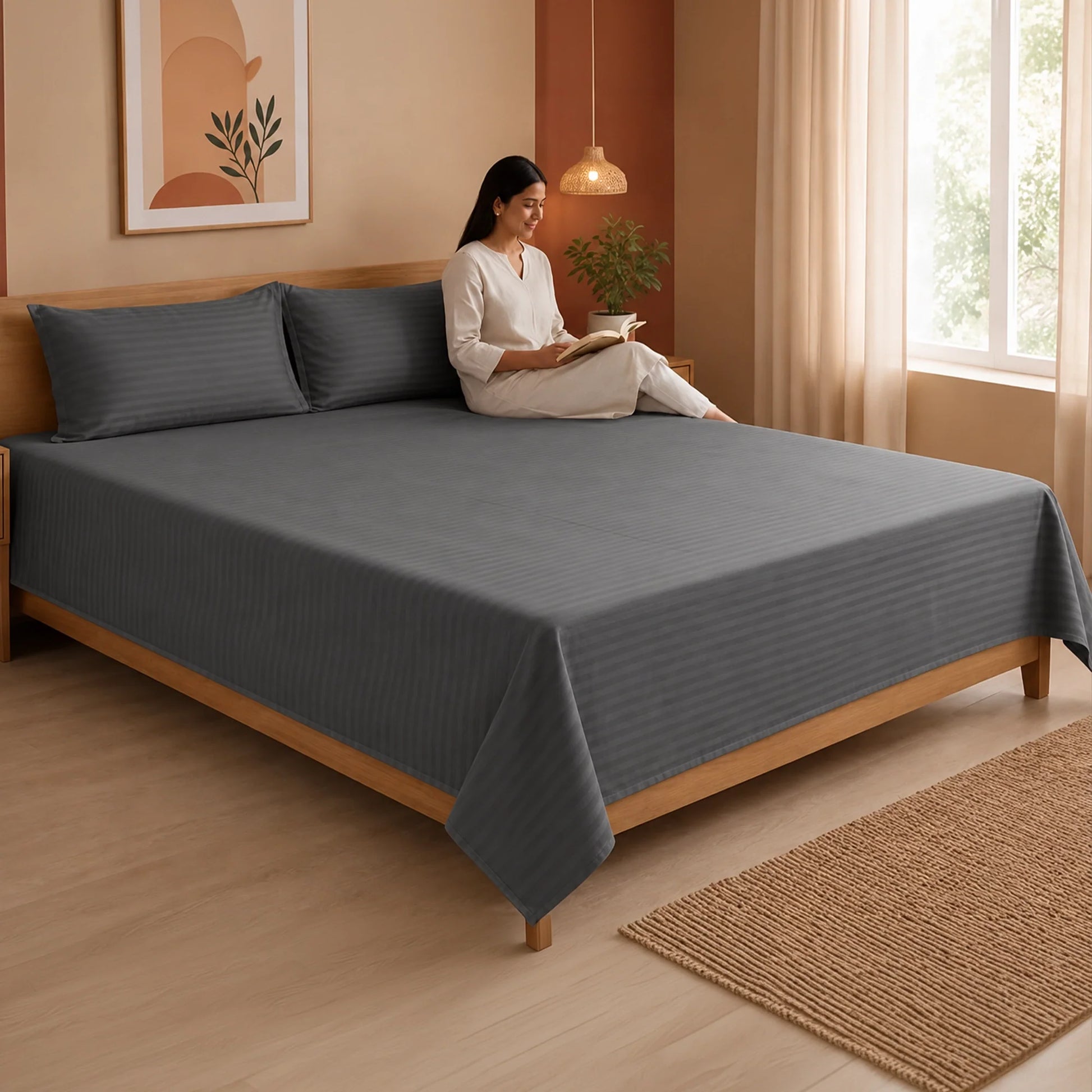 Breton Nap - Satin Stripes Bedsheet (Grey)-6