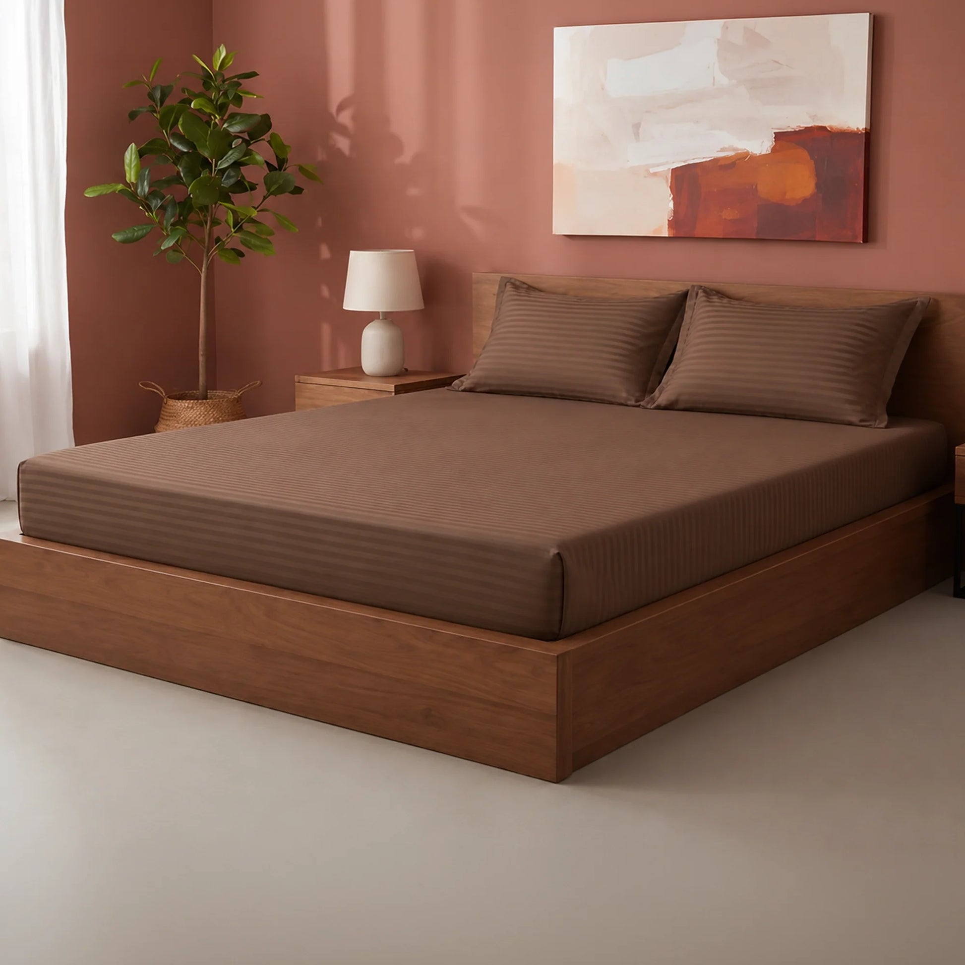 Breton Drift - Satin Stripes Fitted Bedsheet (Brown)-6