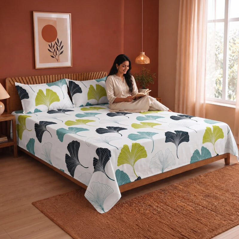 Imprimer Ginkyo - Floral Printed Bedsheet (Blue & Green)-6