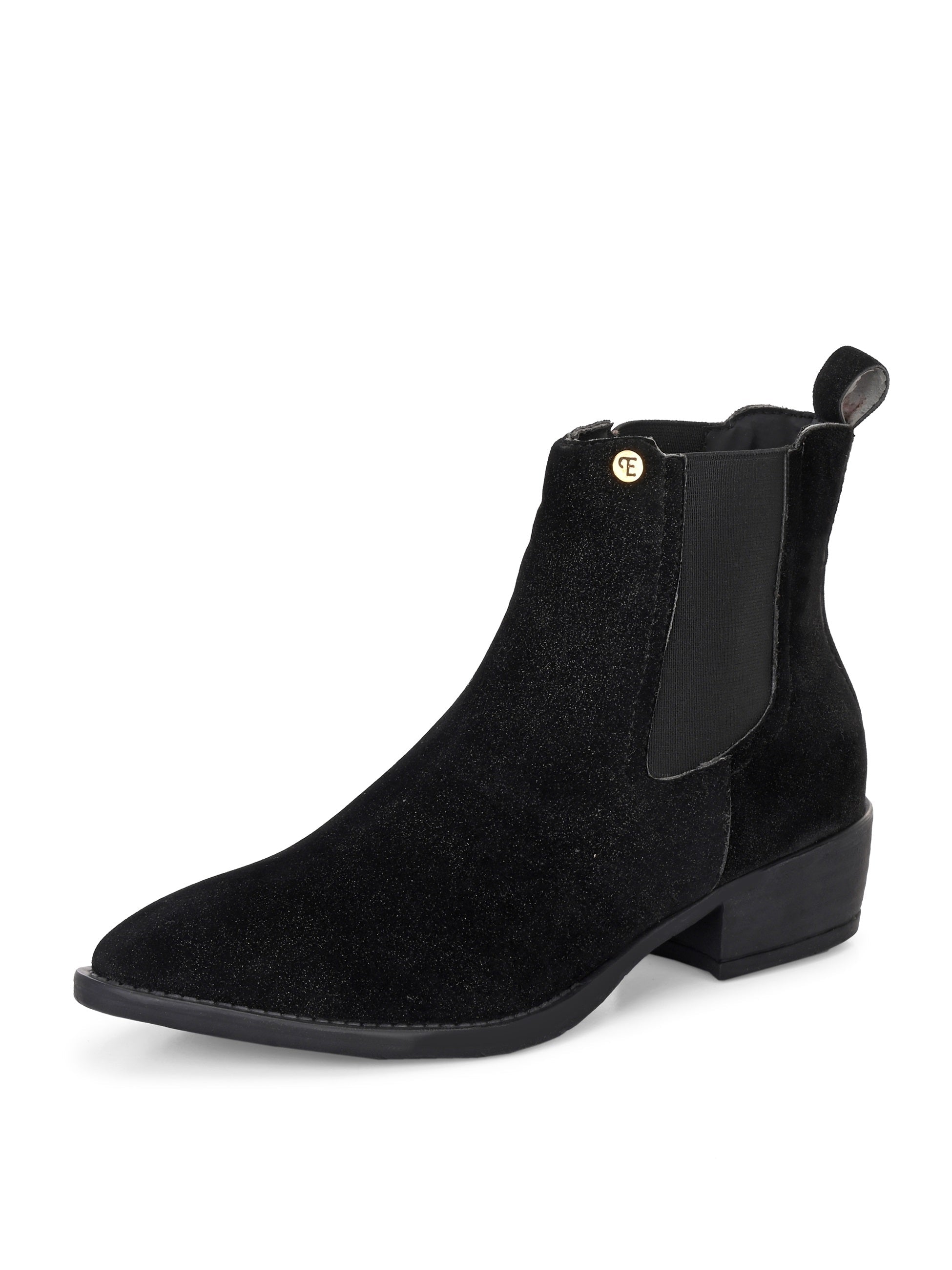 Charcoal suede slip-on boots with elastic side panels and a low block heel, featuring subtle gold detailing for a sleek, versatile look
