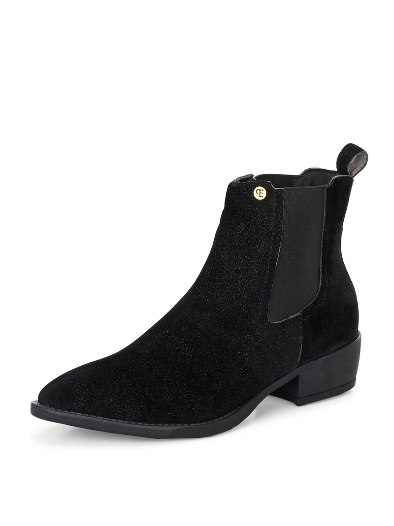 Charcoal suede slip-on boots with elastic side panels and a low block heel, featuring subtle gold detailing for a sleek, versatile look