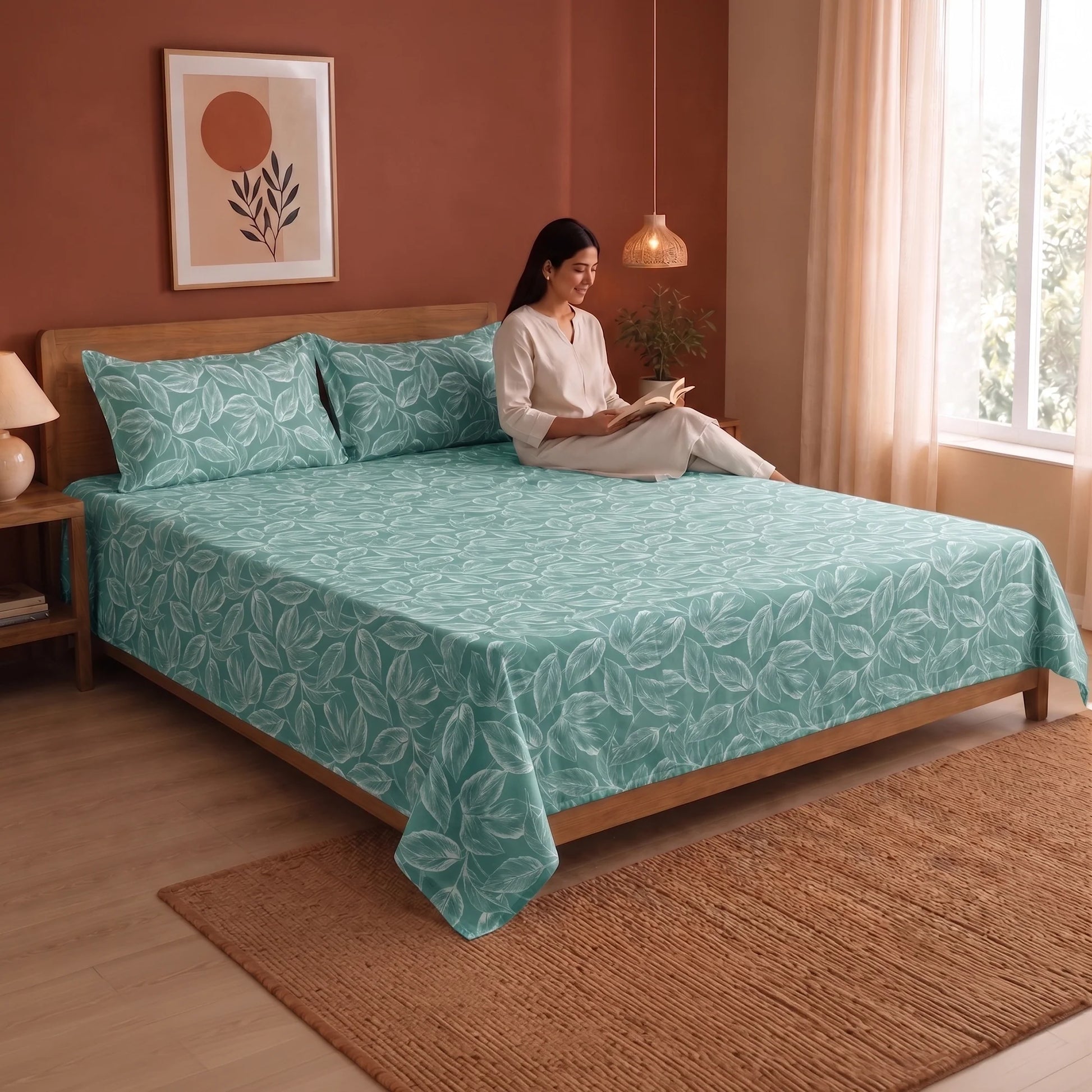 Imprimer Lilac - Leaf Printed Bedsheet (Aqua Blue)-6