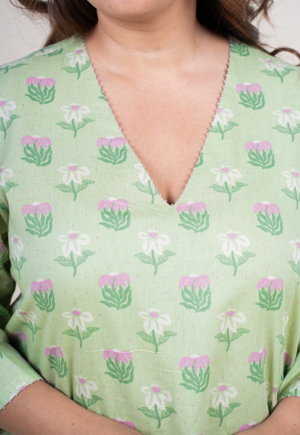 Reva Mint Green Printed Mul A Line Kurta with Hand Embroidery