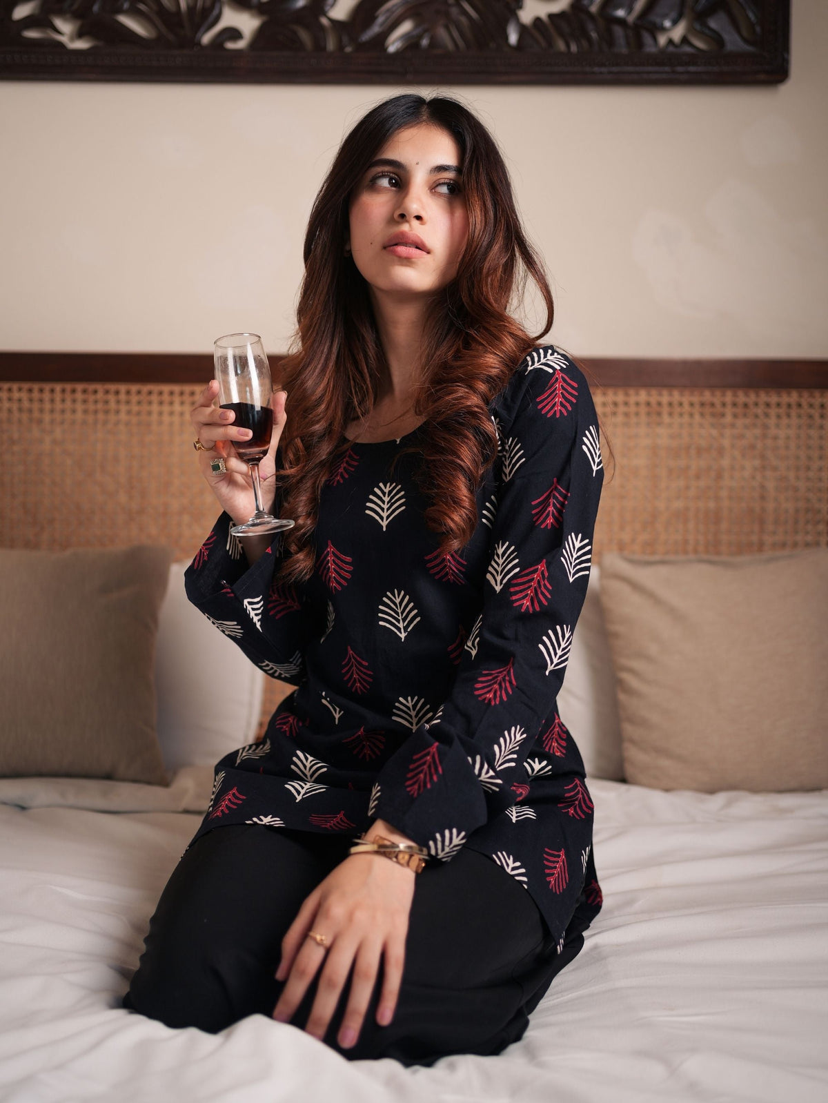 Moonlight Black Cotton Short Kurti with Handblock Print