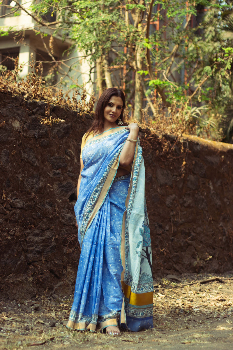 Cotton Kasavu Saree,Tree of Life Design • Blue-7