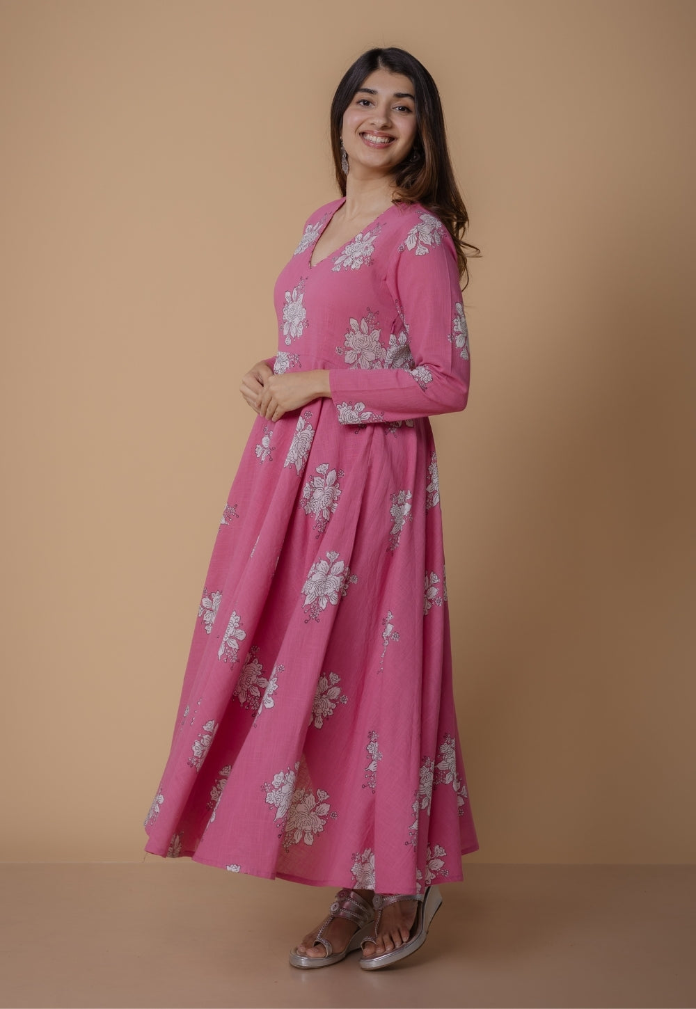 Ruvika Pink Dabu Slub Cotton A Line Kurta