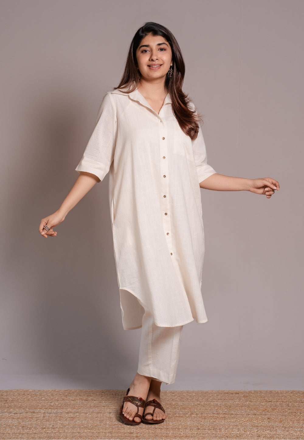 Off White Solid Slub Cotton Straight Co-Ord Set- DyeVerse