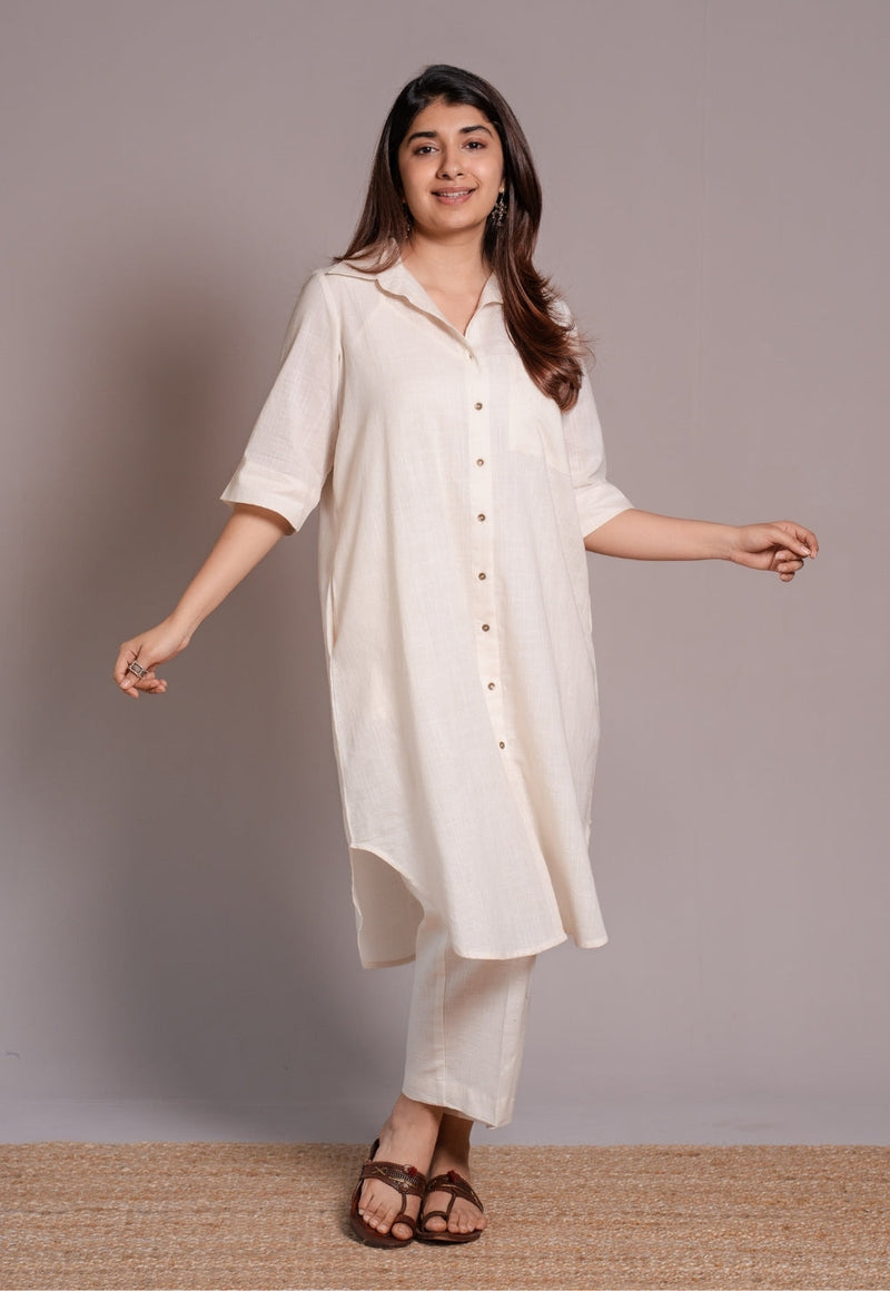 Off White Solid Slub Cotton Straight Co-Ord Set- DyeVerse