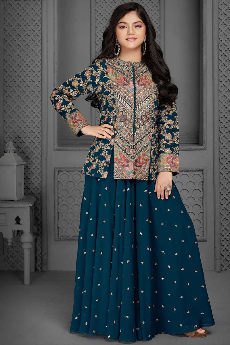 Blue Embroidered Palazzo Set with Jacket for Girls