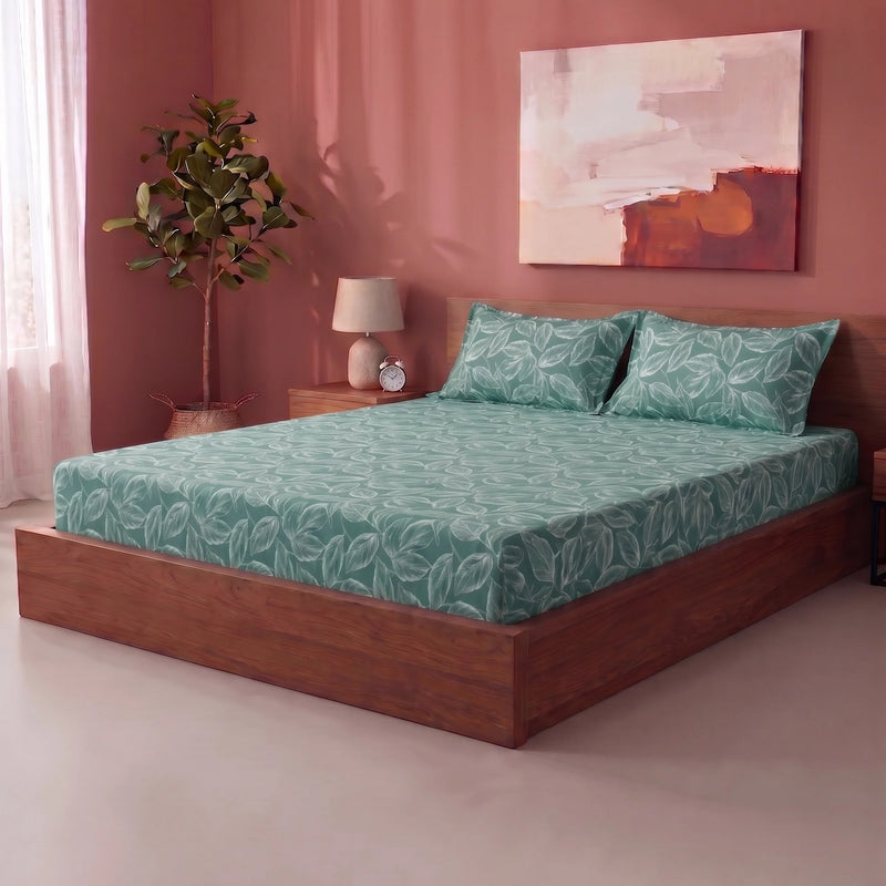 Imprimer Itsy-Bitsy - Leaf Printed Fitted Bedsheet (Aqua Blue)-6