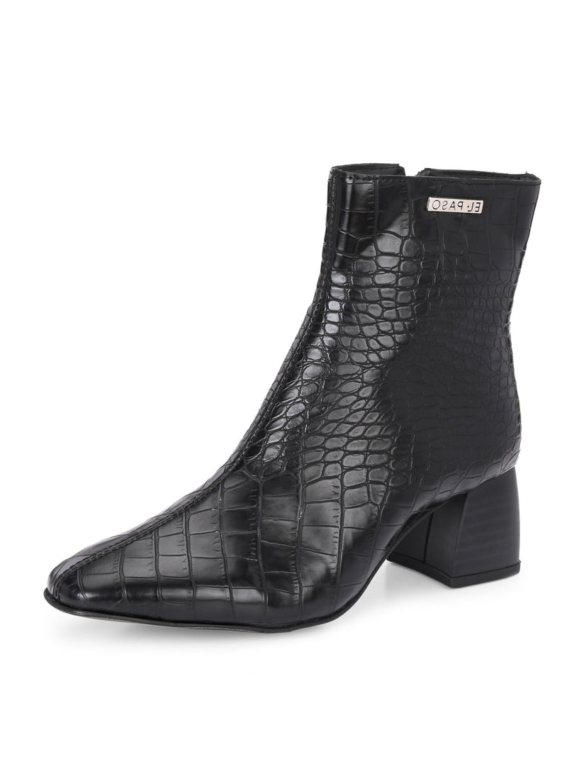 Black crocodile-patterned high heel boot with a block heel and El Paso branding.