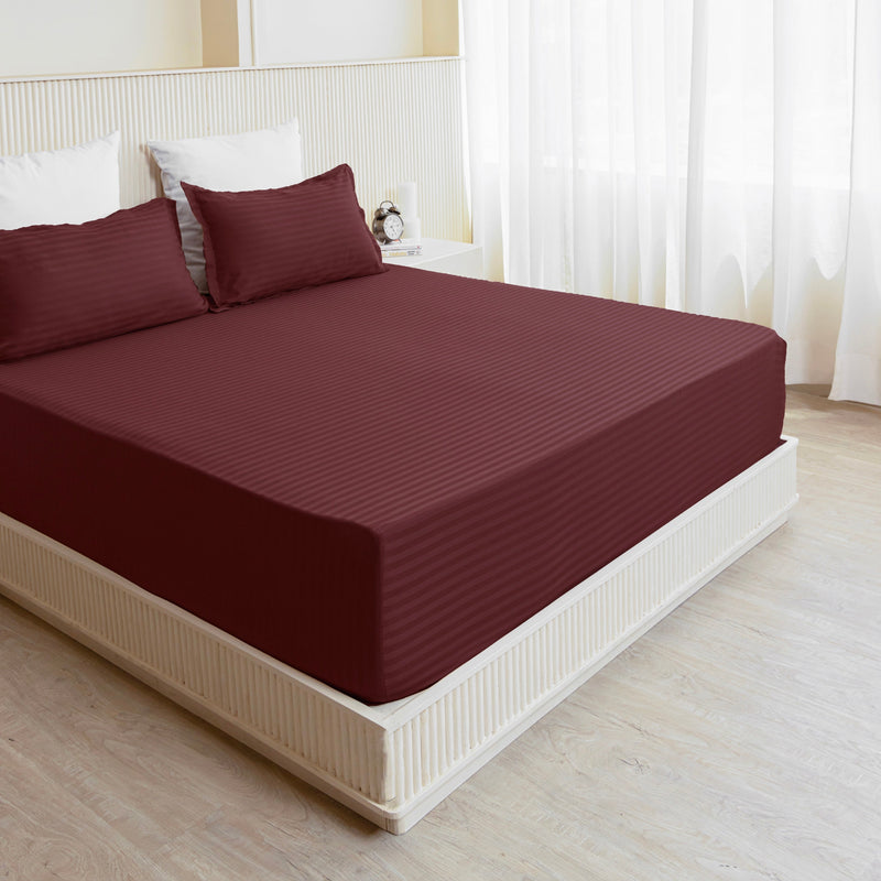 Breton Drift - Satin Stripes Fitted Bedsheet (Maroon)-5