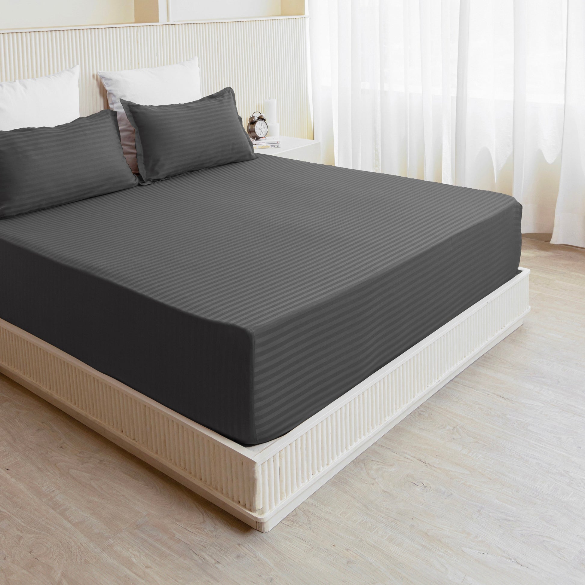 Breton Drift - Satin Stripes Fitted Bedsheet (Grey)-5