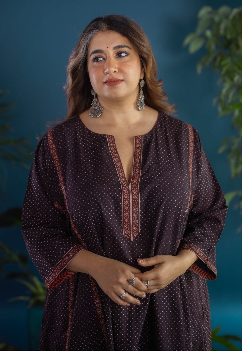 Lysa Black Ajrakh Cotton Jhabbha Kali Kurta