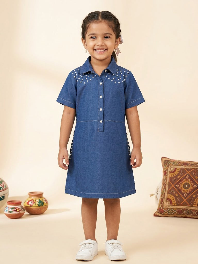 Pearl Stud Denim Shirt Dress