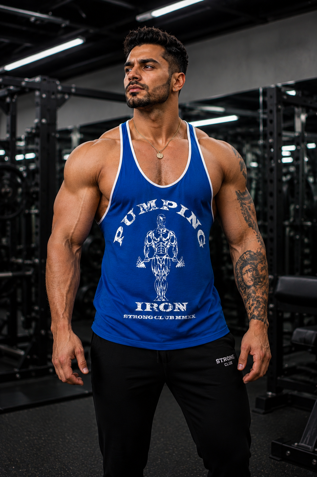 Blue White - T109 - Pumping Iron - Gym Tank Top