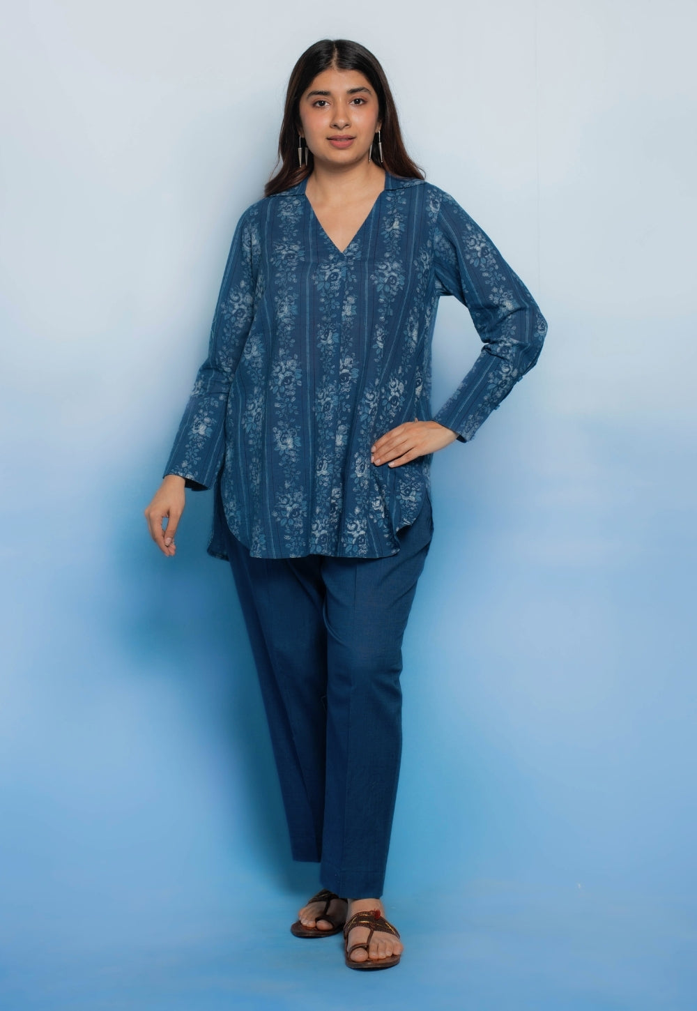Zohal Blue Dabu Mul Cotton Straight Short Top