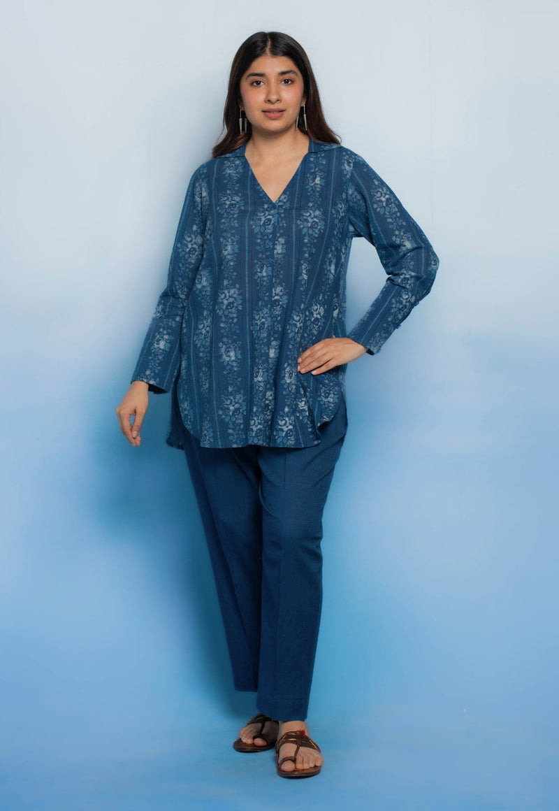 Zohal Blue Dabu Mul Cotton Straight Short Top