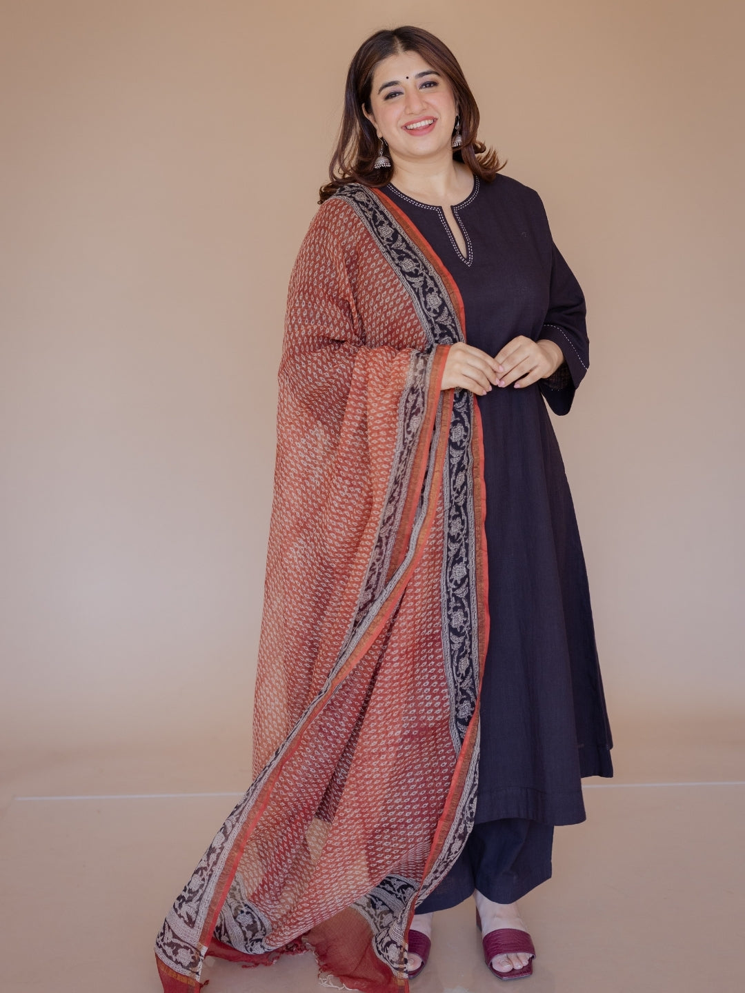 Nyra Black Solid Slub Cotton Jhabbha Kali Kurta with Hand Embroidery