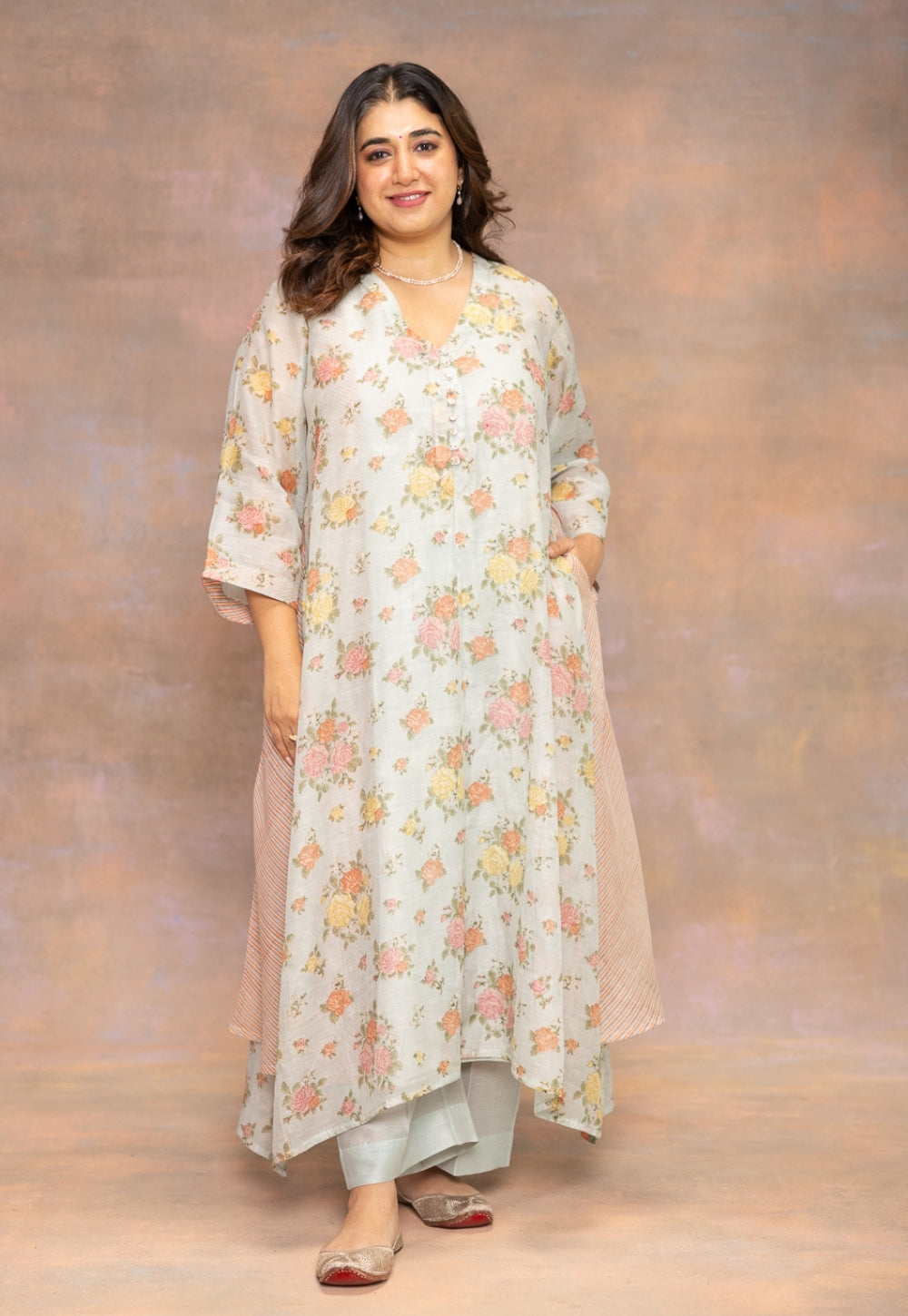 Rosalie Blue Sanganeri Chanderi Silk A Line Kurta with Hand Embroidery and Slip