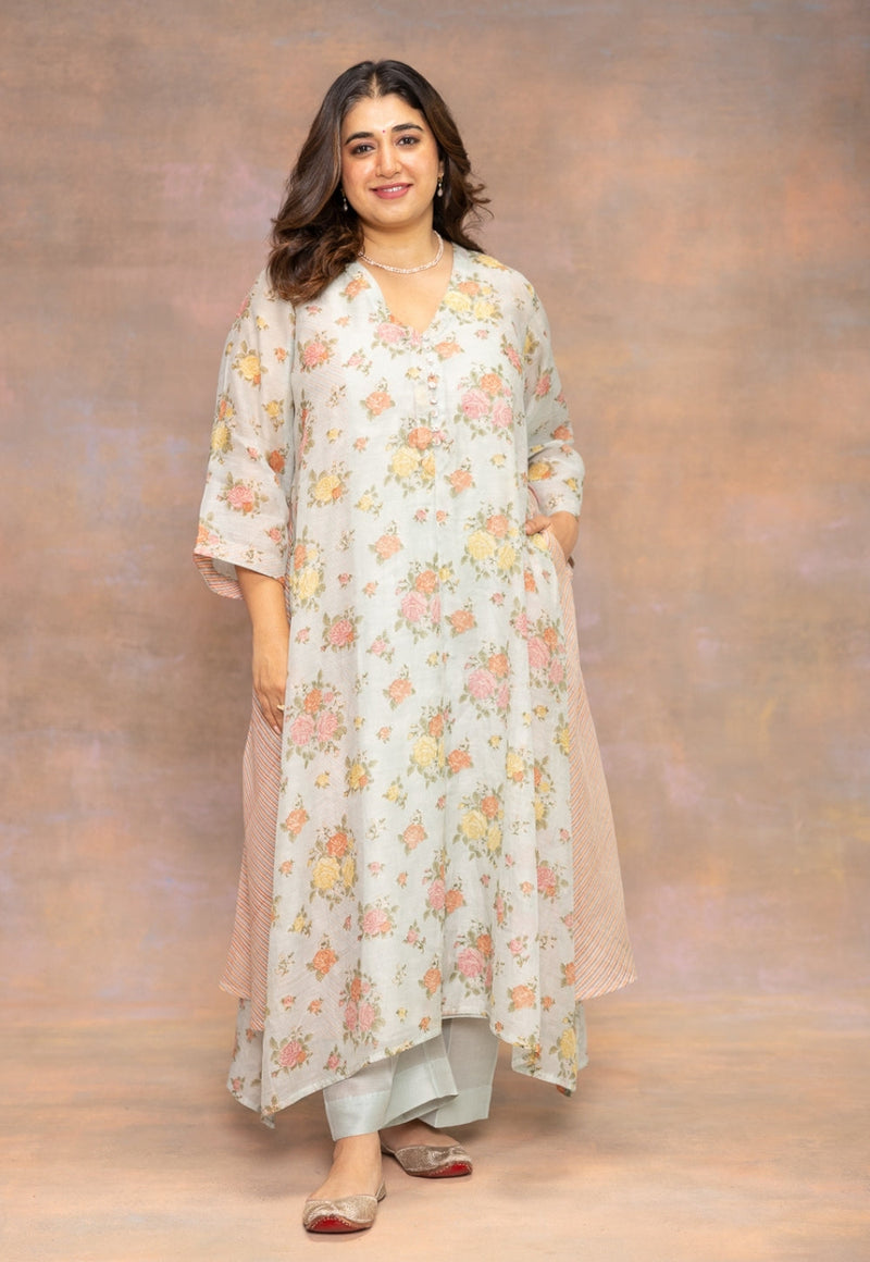 Rosalie Blue Sanganeri Chanderi Silk A Line Kurta with Hand Embroidery and Slip