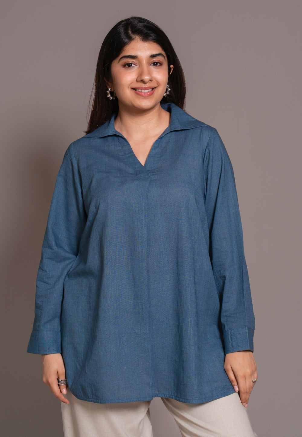 Blue Solid Slub Cotton Straight Short Top - DyeVerse