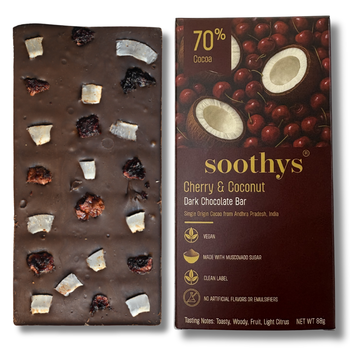 70% Dark Vegan Chocolate Bars with Cherry and Coconut | 88gms