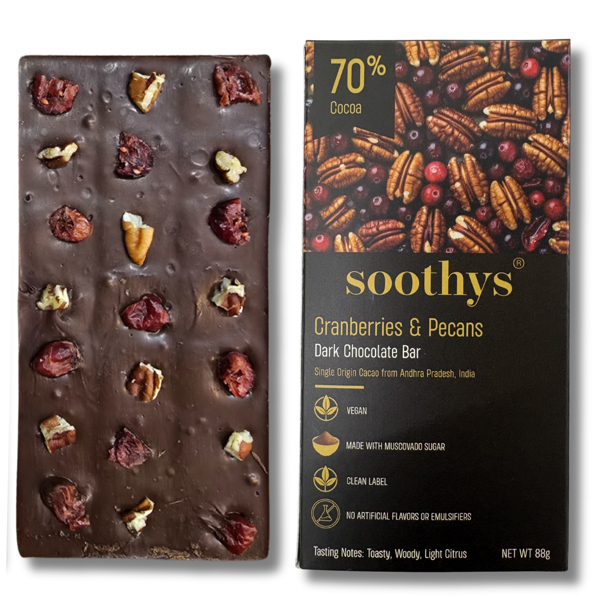 70% Dark Vegan Chocolate Bars Cranberry and Pecans | 88gms